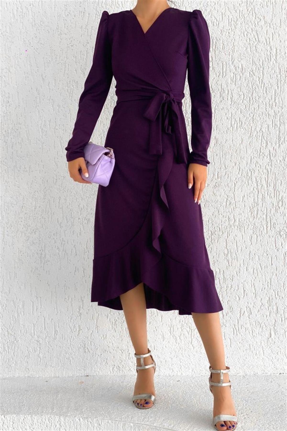 Kruvaze Yaka Uzun Karpuz Kol Etek Kısmı Volanlı Kemerli Midi Elbise - MÜRDÜM