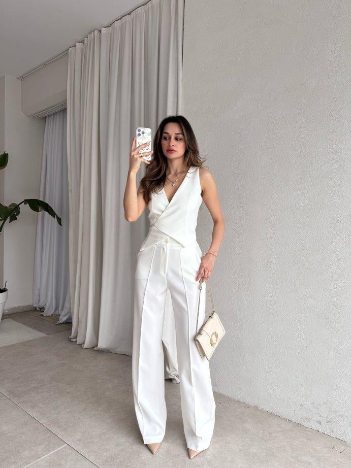 Kruvaze Yaka Yelek Bol Paça Pantolon İkili Takım - BEYAZ