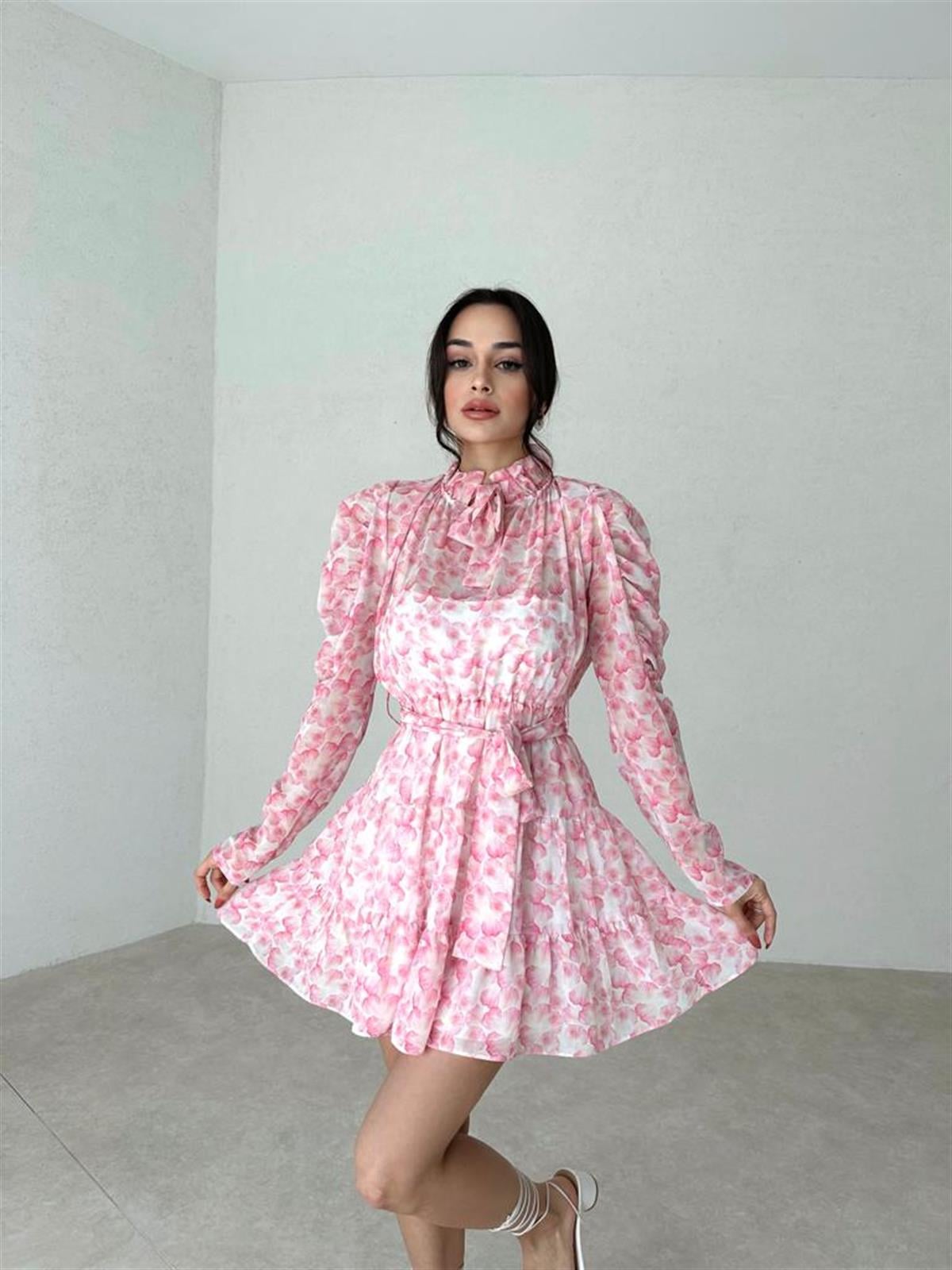 Kuşak Detay Şifon Kumaş Mini Kadın Elbise - PEMBE
