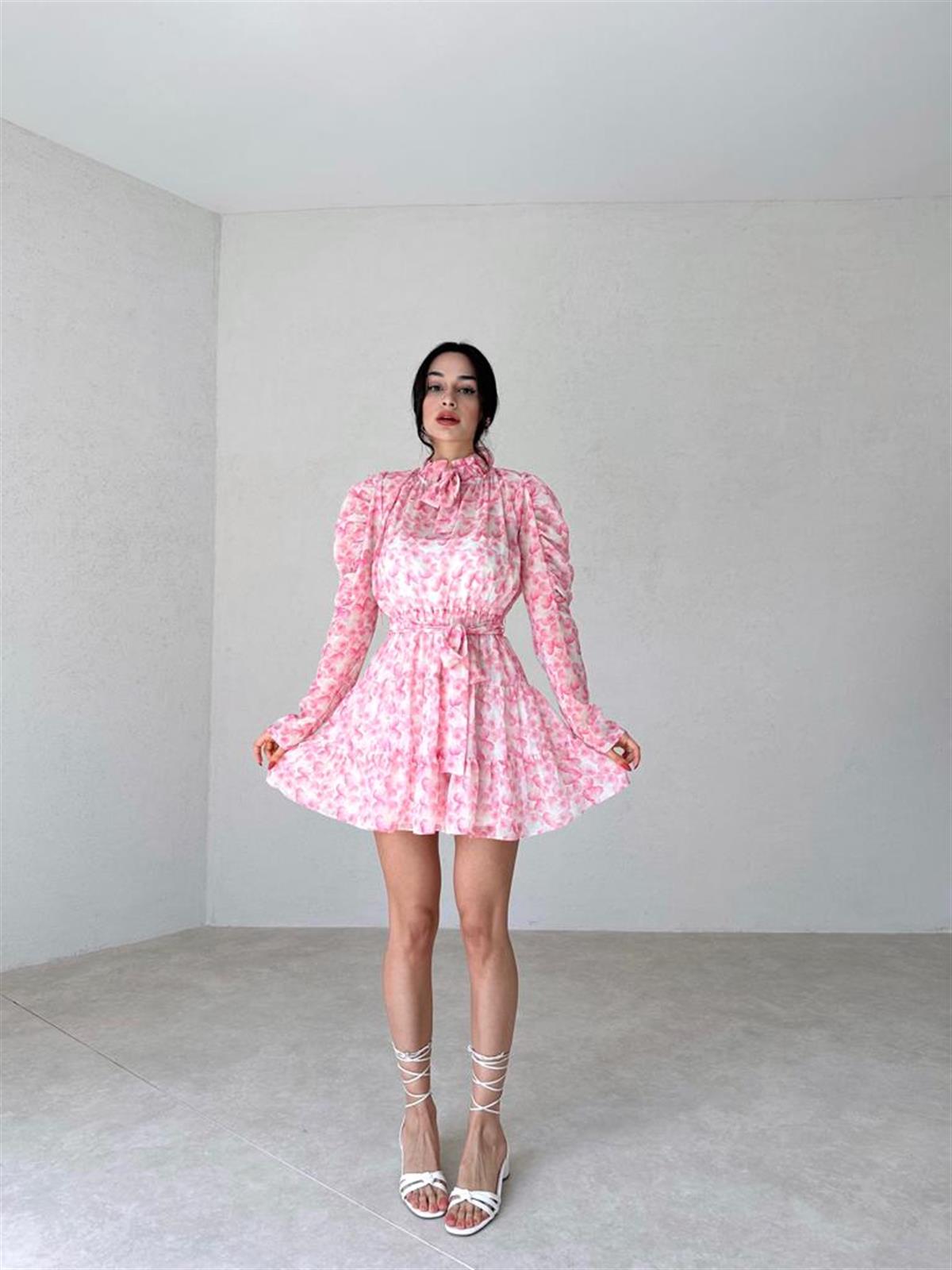 Kuşak Detay Şifon Kumaş Mini Kadın Elbise - PEMBE · 3