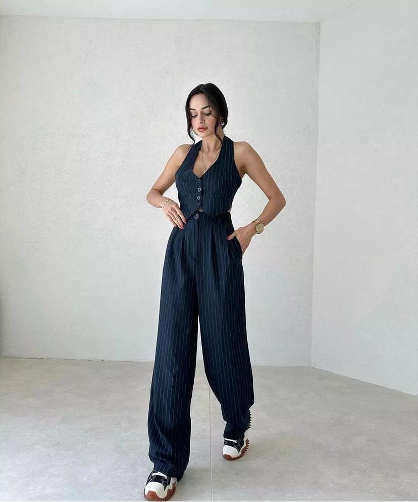 Lacivert Çizgili Straplez Yelek ve Pantolon Takım