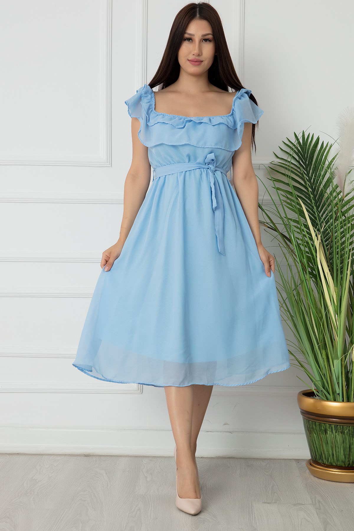 Madonna Yaka Şifon Midi Boy Elbise - BEBEMAVİ