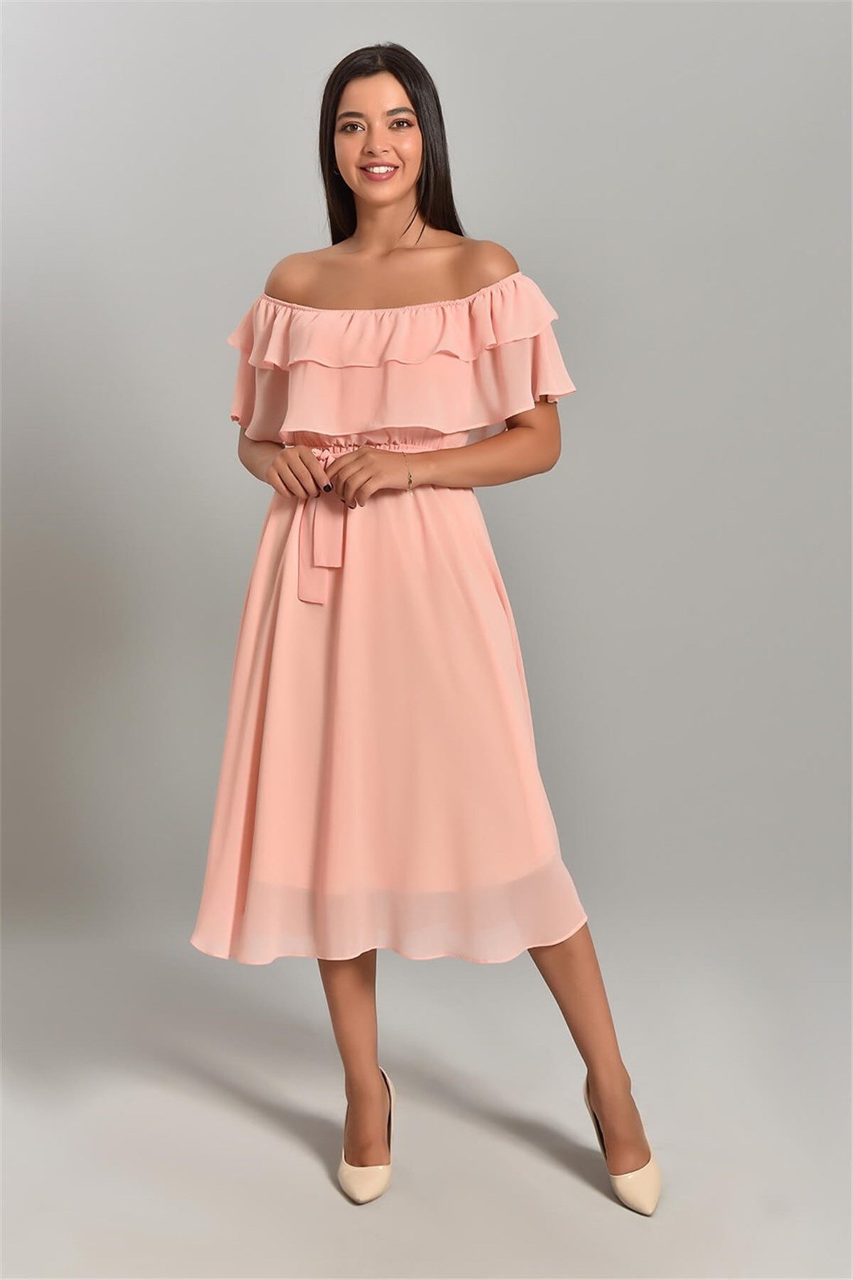 Madonna Yaka Şifon Midi Boy Elbise - PUDRA