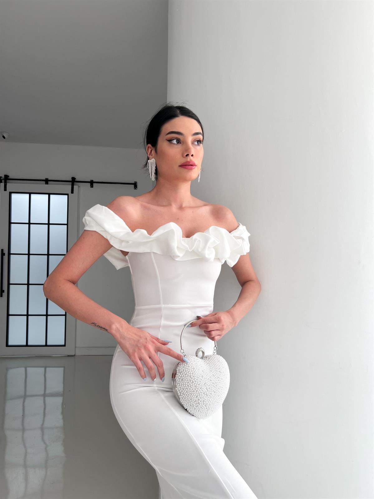Omuz Fırfırlı Yırtmaç Detay Kalem Elbise - BEYAZ · 5