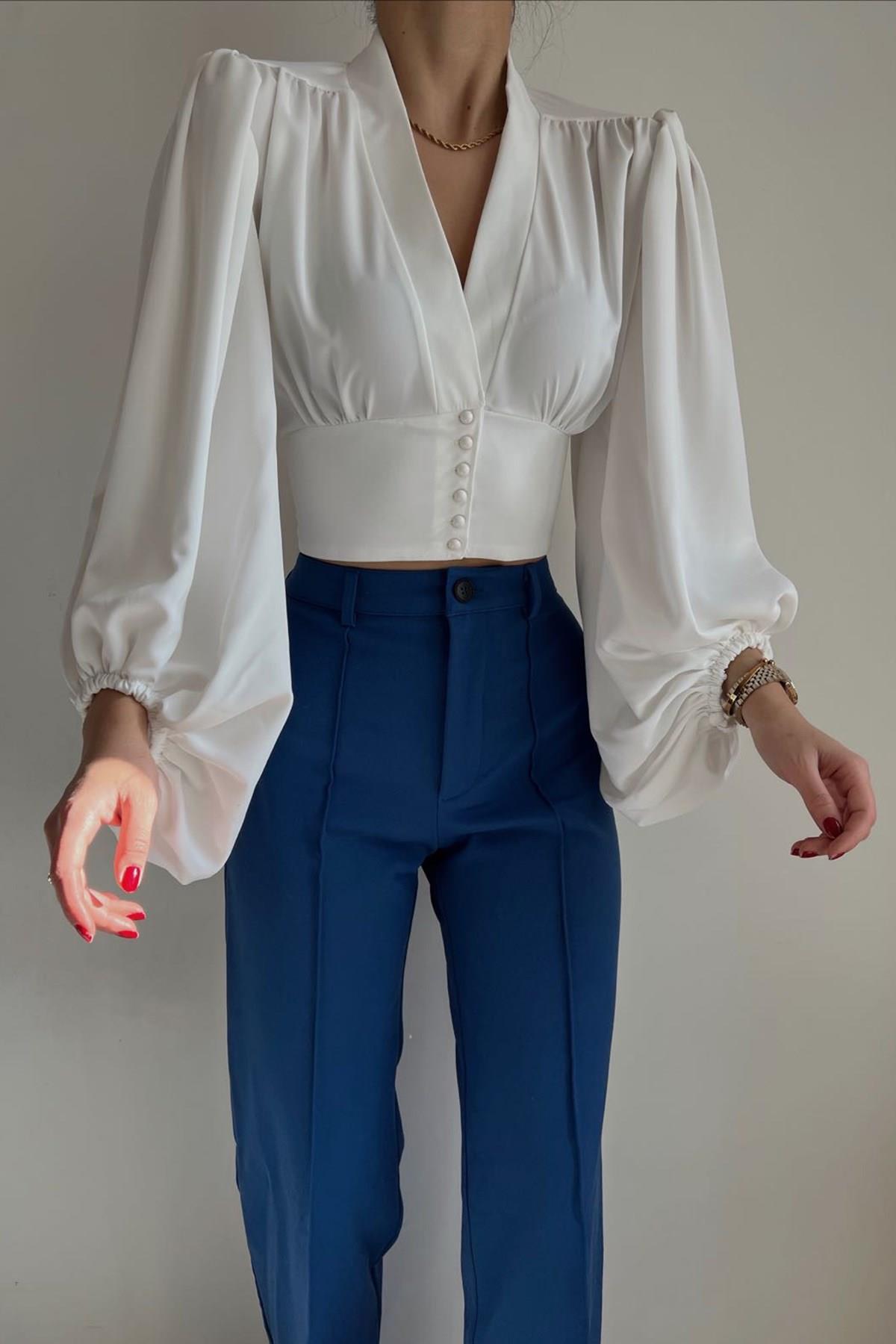 Önden Düğmeli Balon Kol V Yaka Crop Bluz - BEYAZ · 5