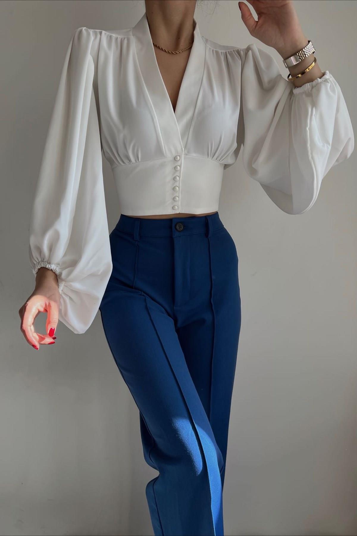 Önden Düğmeli Balon Kol V Yaka Crop Bluz - BEYAZ · 6