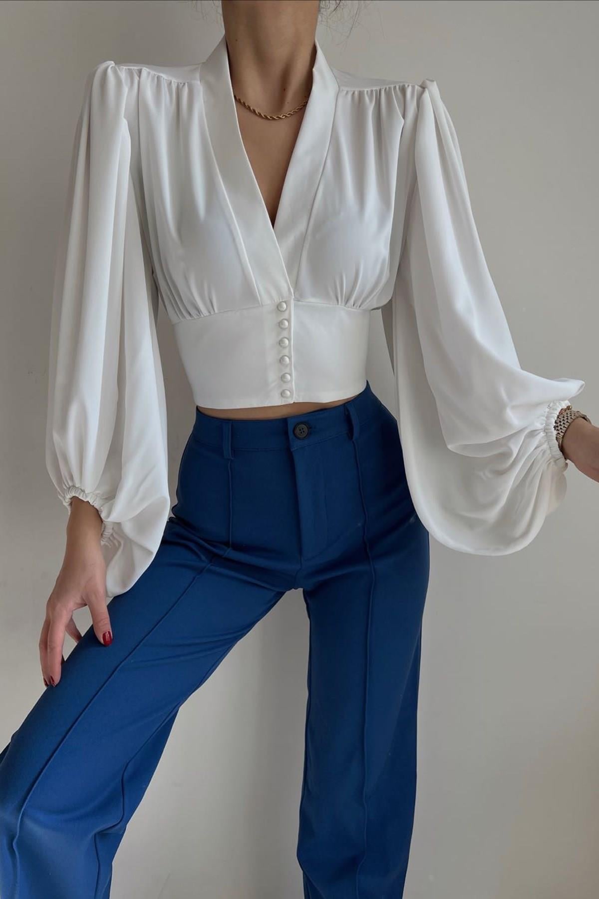 Önden Düğmeli Balon Kol V Yaka Crop Bluz - BEYAZ