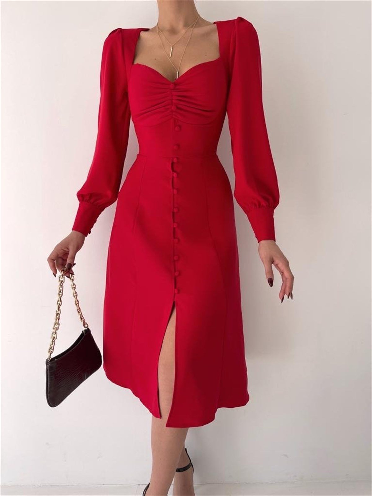 Önü Düğme Detay Midiboy Elbise - KIRMIZI