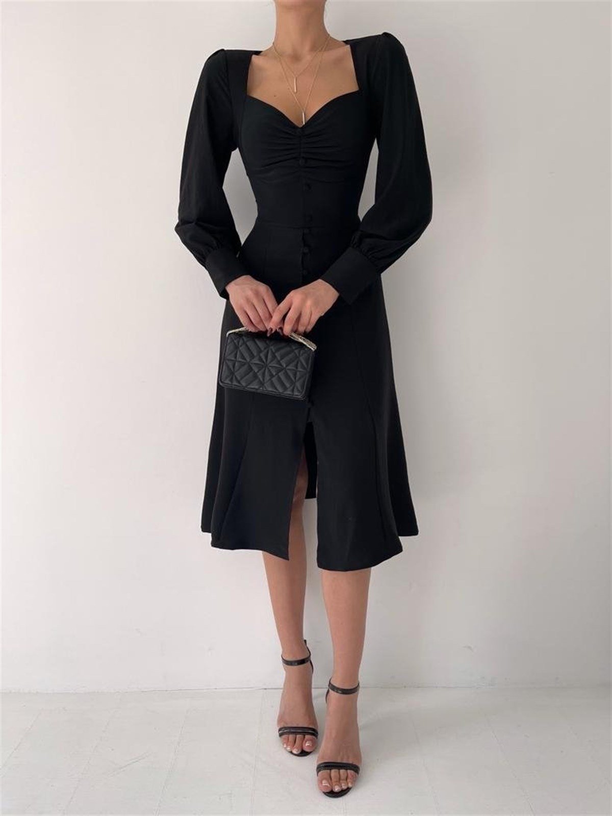 Önü Düğme Detay Midiboy Elbise - SİYAH