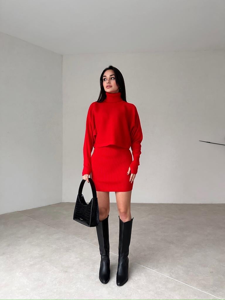 Parmak Geçmeli Boğazlı Etek Kazak Triko İkili Takım - KIRMIZI