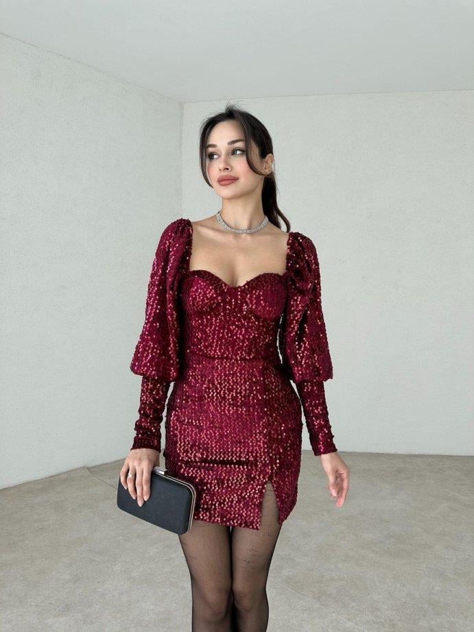 Payet İşleme Balon Kol Kalp Yaka Mini Elbise - BORDO