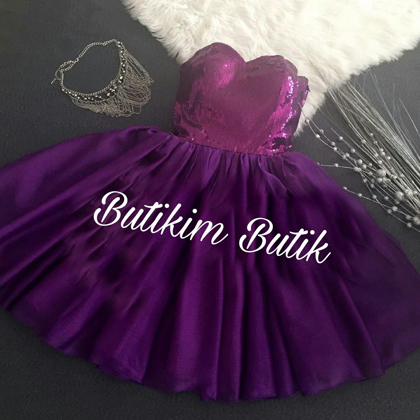 Prenses Model Üstü Konple Payet İşleme Kalp Yaka Strapless Mini Saten Kiloş Elbise - FUŞYA RENK