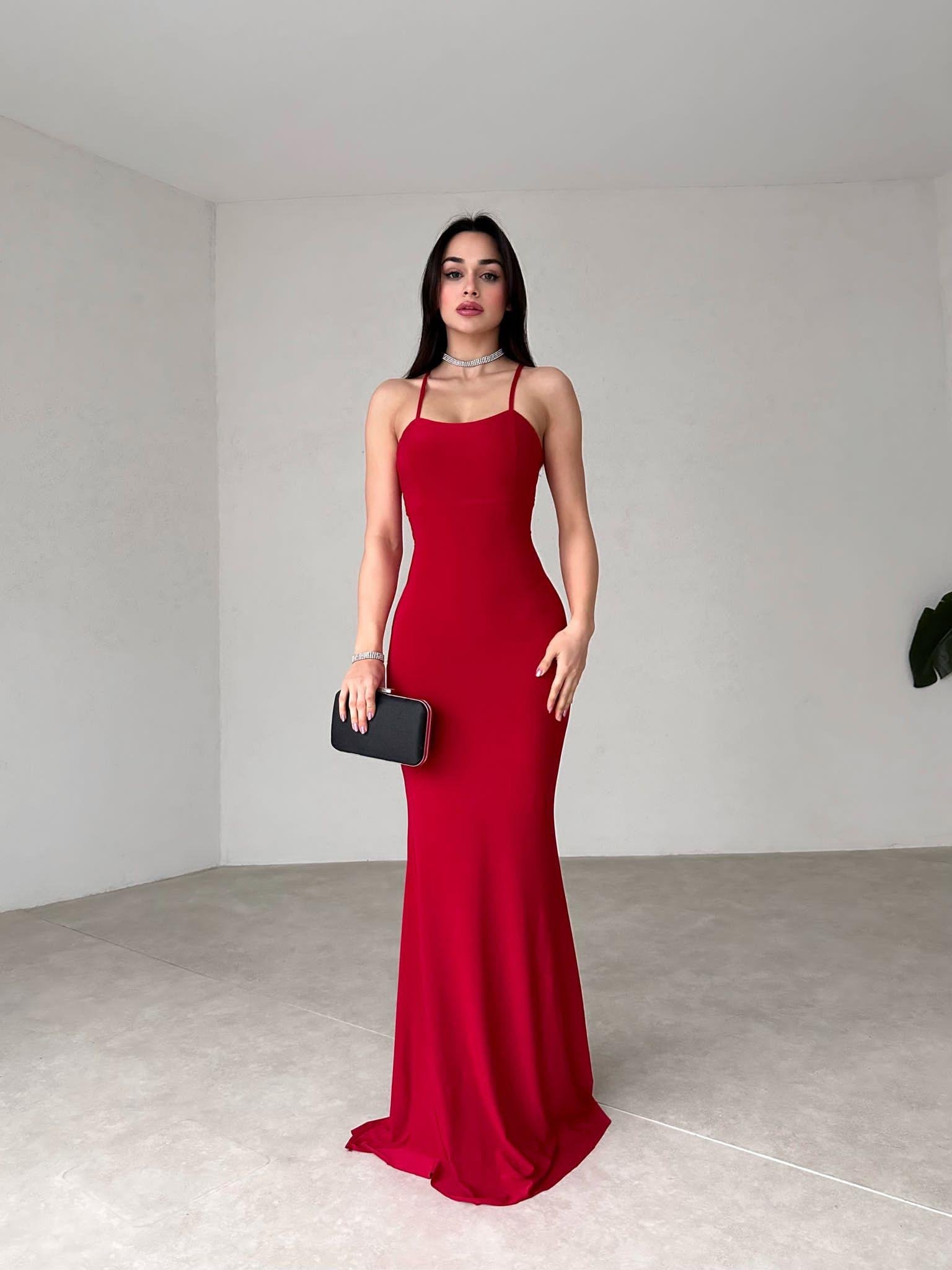 Sırt Detay Maxi Boy Balık Model Abiye Elbise - KIRMIZI