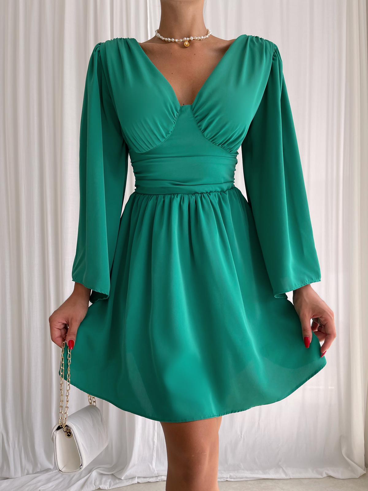 Sırtı V Dekolteli İspanyol Kol Kadın Elbise - YEŞİL