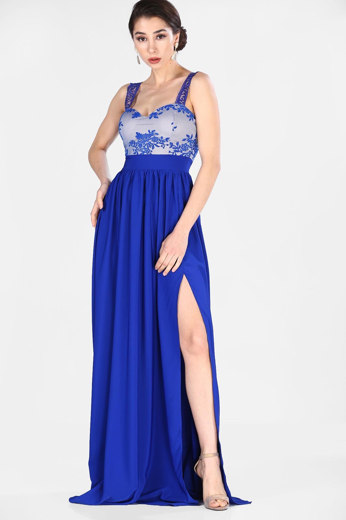 Üst Güpür Yırtmaç Detay Abiye - SAKS MAVİ