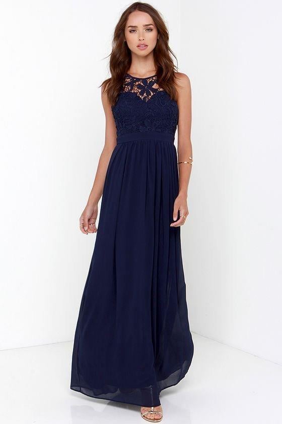 Üstü Komple Dantel İşleme Sıfır Kol Şifon Kumaş Astarlı Uzun Elbise - LACİVERT