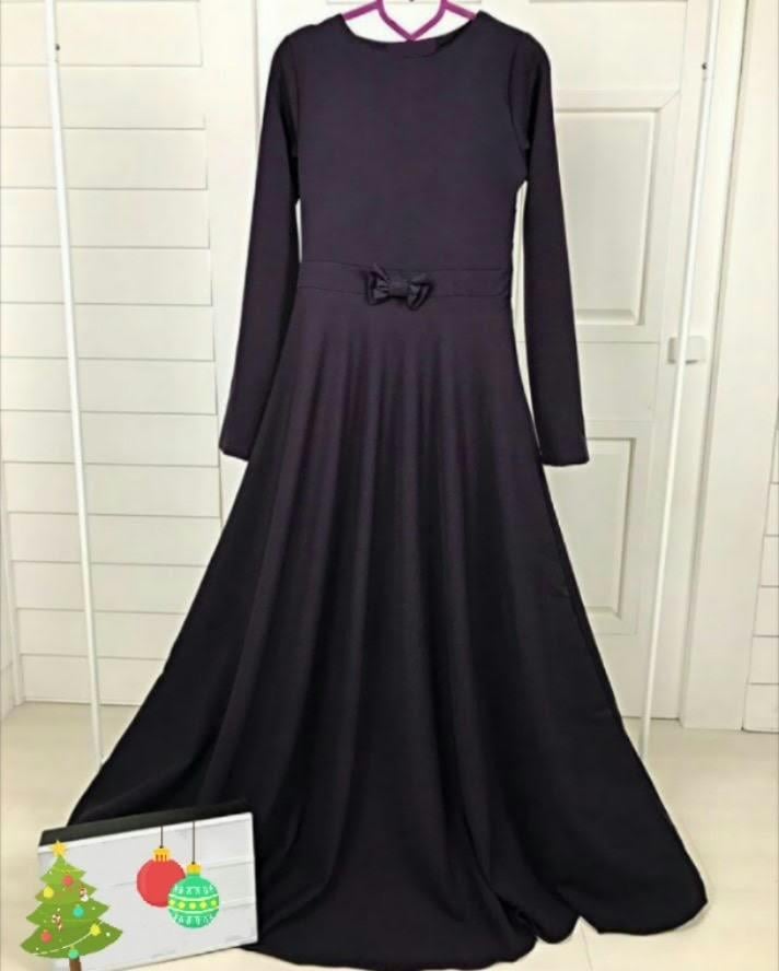 Uzun Kollu Bisiklet Yaka Beli Kurdele Detaylı Maxi Boy Tesettüre Uygun Elbise - SİYAH