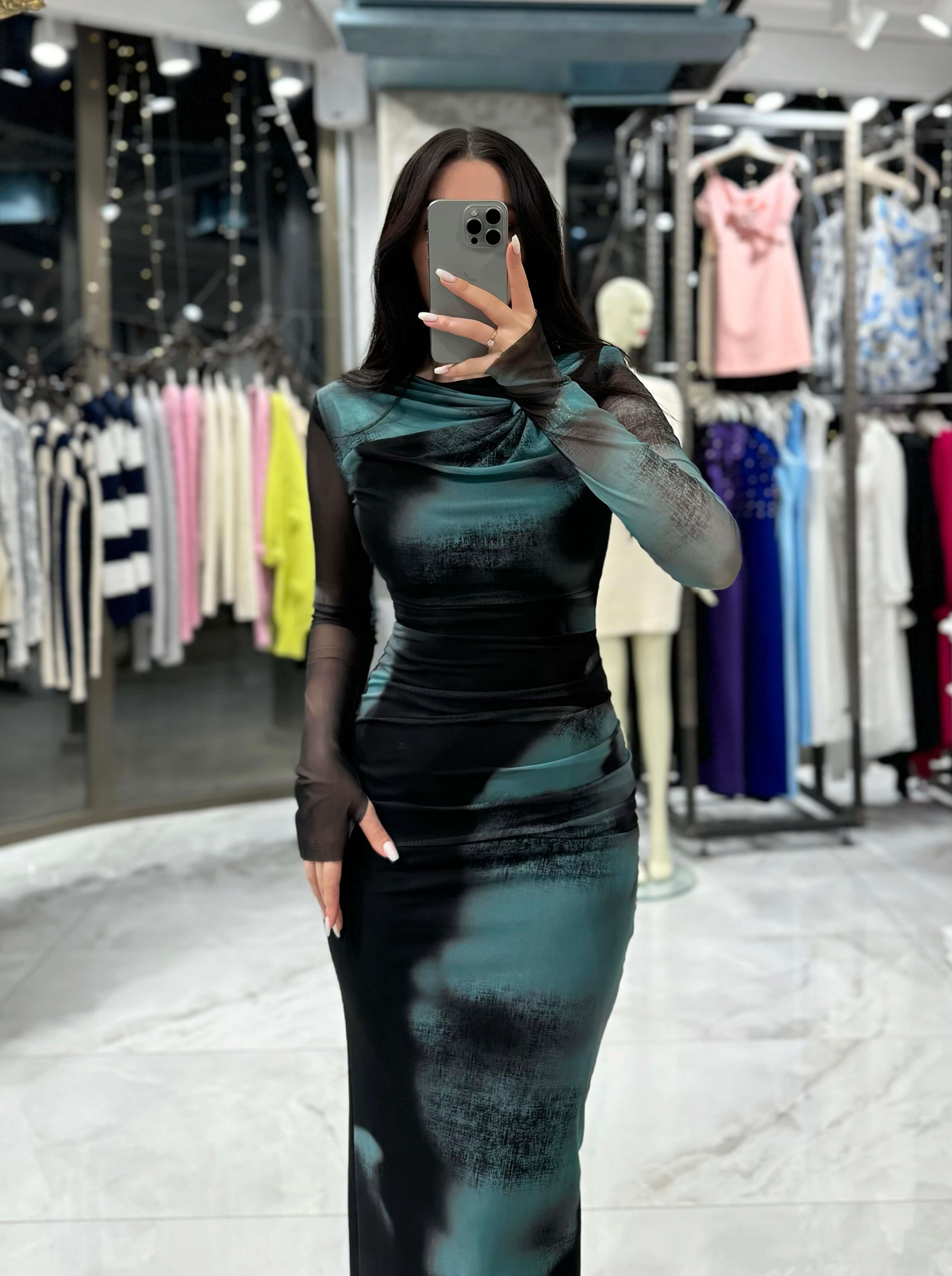 Uzun Tül Kol Drape Detaylı Midi Boy Elbise - YEŞİL · 2