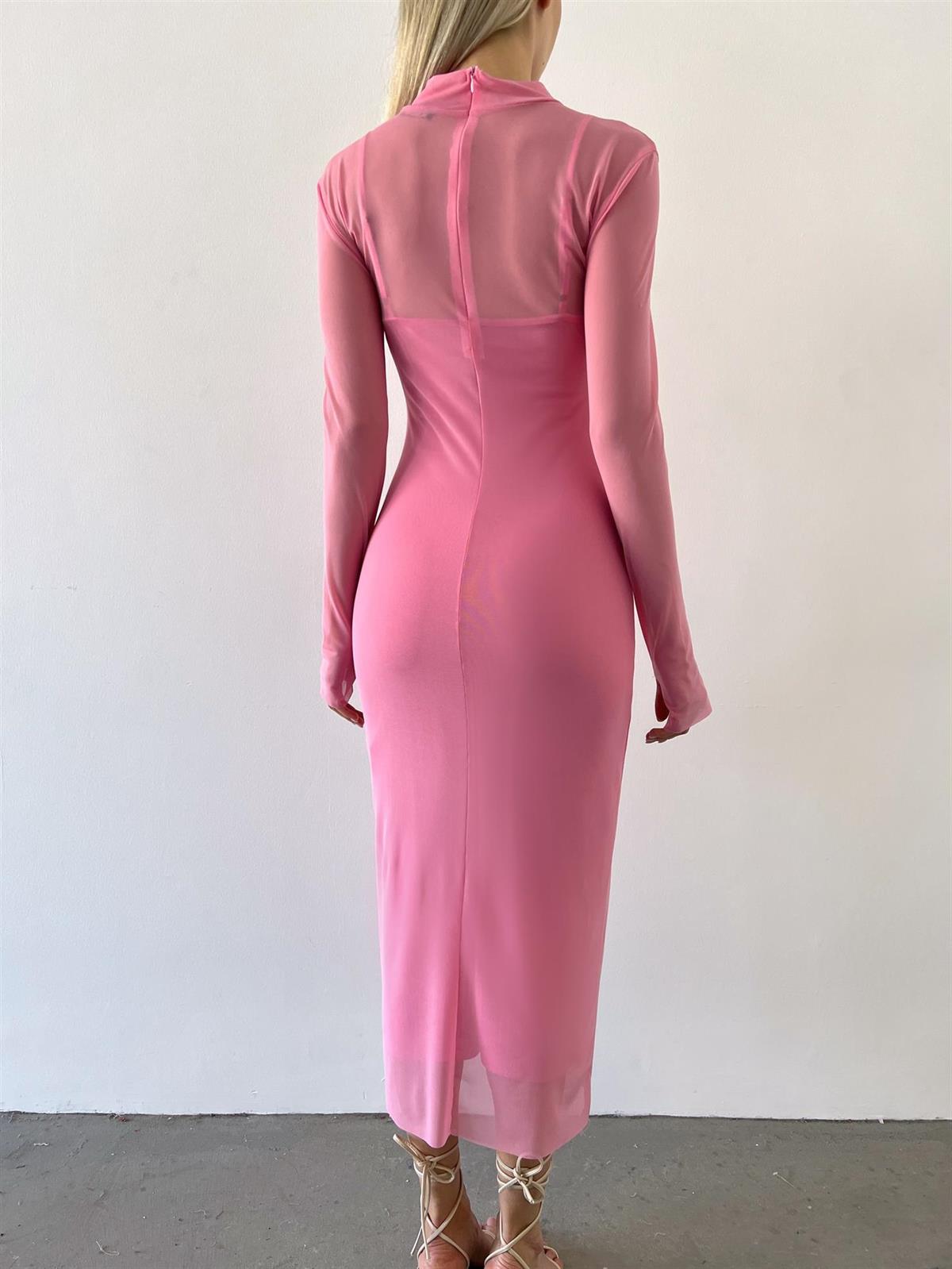 Yarım Balıkçı Yaka Uzun Tül Kol Kadın Midi Elbise - PEMBE · 4