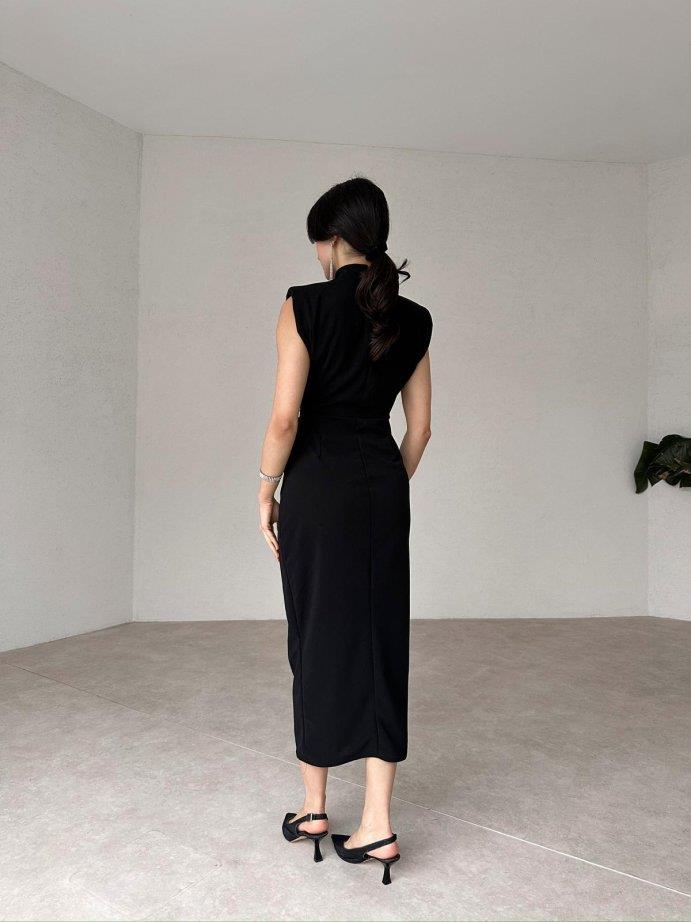 Yarım Boğazlı Drape Detaylı Kolsuz Beli Broş Tokalı Kalem Elbise - SİYAH RENK · 3