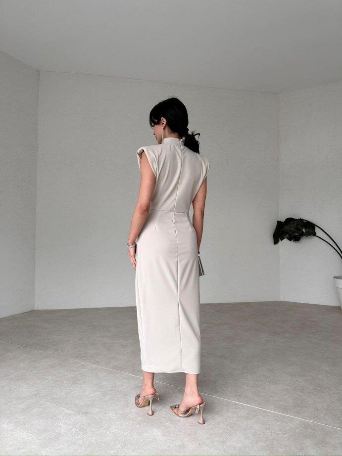 Yarım Boğazlı Drape Detaylı Kolsuz Beli Broş Tokalı Kalem Elbise - TAŞ RENGİ · 3