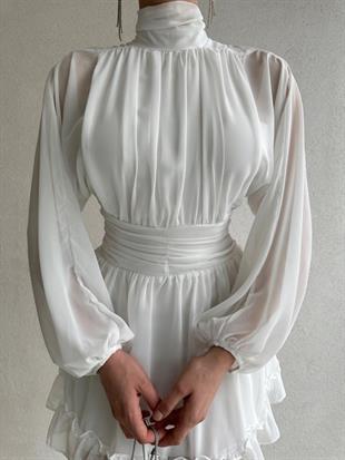 Boğazlı Etek Ucu Fırfırlı Uzun Tül Kol Şifon Kadın Elbise - BEYAZ