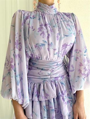 Etek Kat Kat Beli Drape Sırt Detaylı Çiçek Desenli Şifon Elbise - LİLA