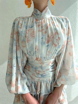 Etek Kat Kat Beli Drape Sırt Detaylı Çiçek Desenli Şifon Elbise - BEYAZ