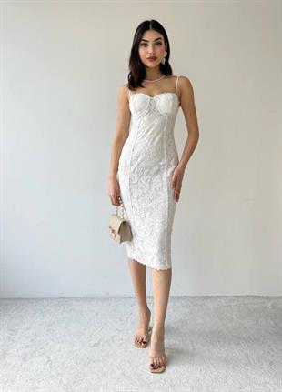 Güpür Dantel Detaylı Askılı Kalem Elbise - BEYAZ