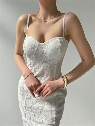 Güpür Dantel Detaylı Askılı Kalem Elbise - BEYAZ