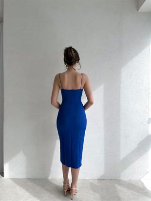 İp Askılı Yırtmaç Detay Kadın Elbise - SAKS MAVİ