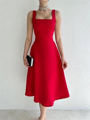 Kalın Askı Detay Kadın Midi Elbise - KIRMIZI