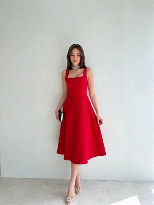 Kalın Askı Detay Kadın Midi Elbise - KIRMIZI