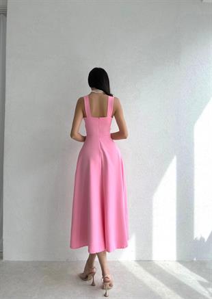 Kalın Askı Detay Kadın Midi Elbise - PEMBE