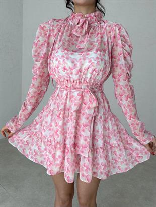 Kuşak Detay Şifon Kumaş Mini Kadın Elbise - PEMBE