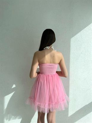 Straplez Tütü Kumaş Kadın Elbise - PEMBE 