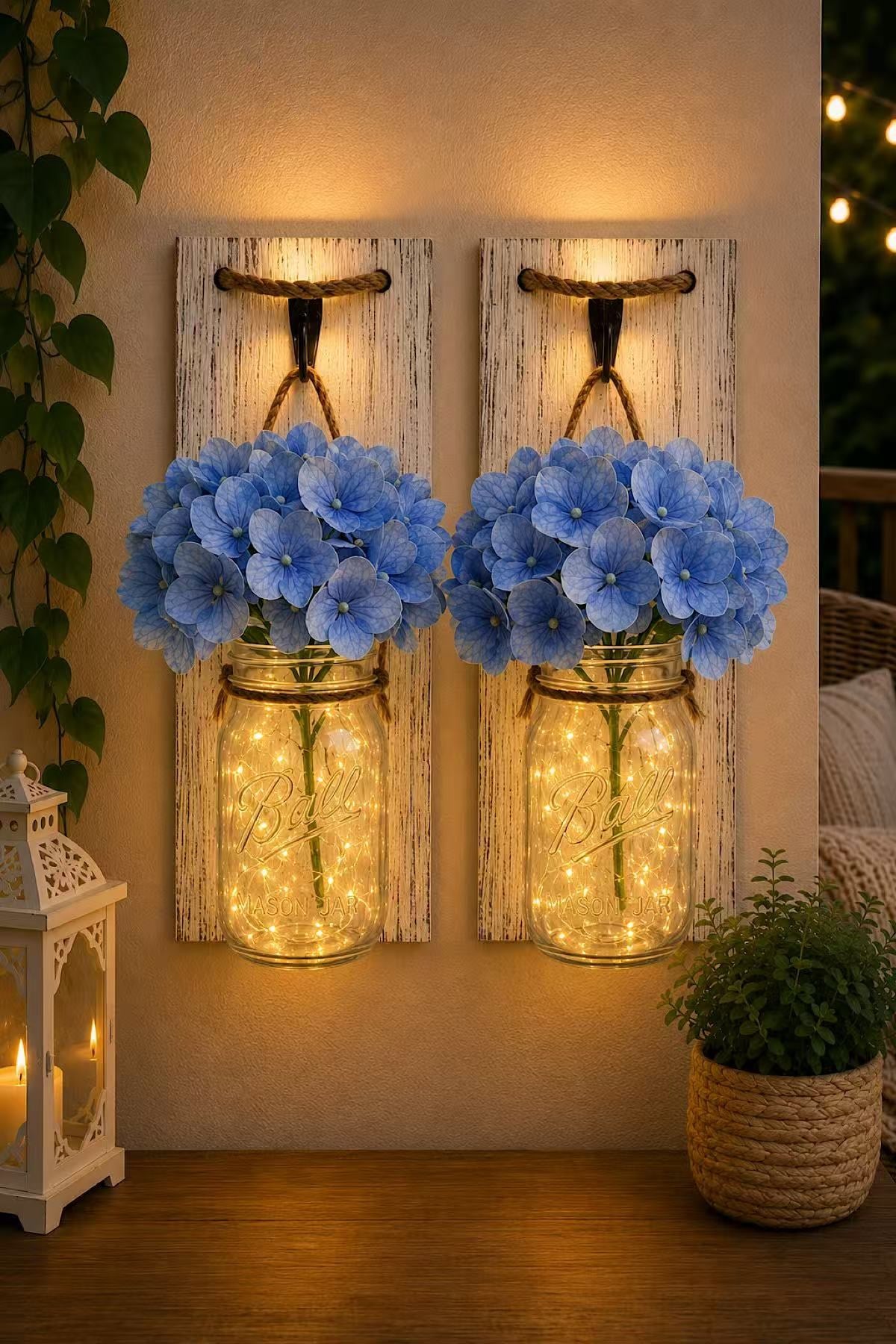 Led Işıklı Beyaz Ahşap Aplik Mavi Ortanca Çiçekli 2´li Set