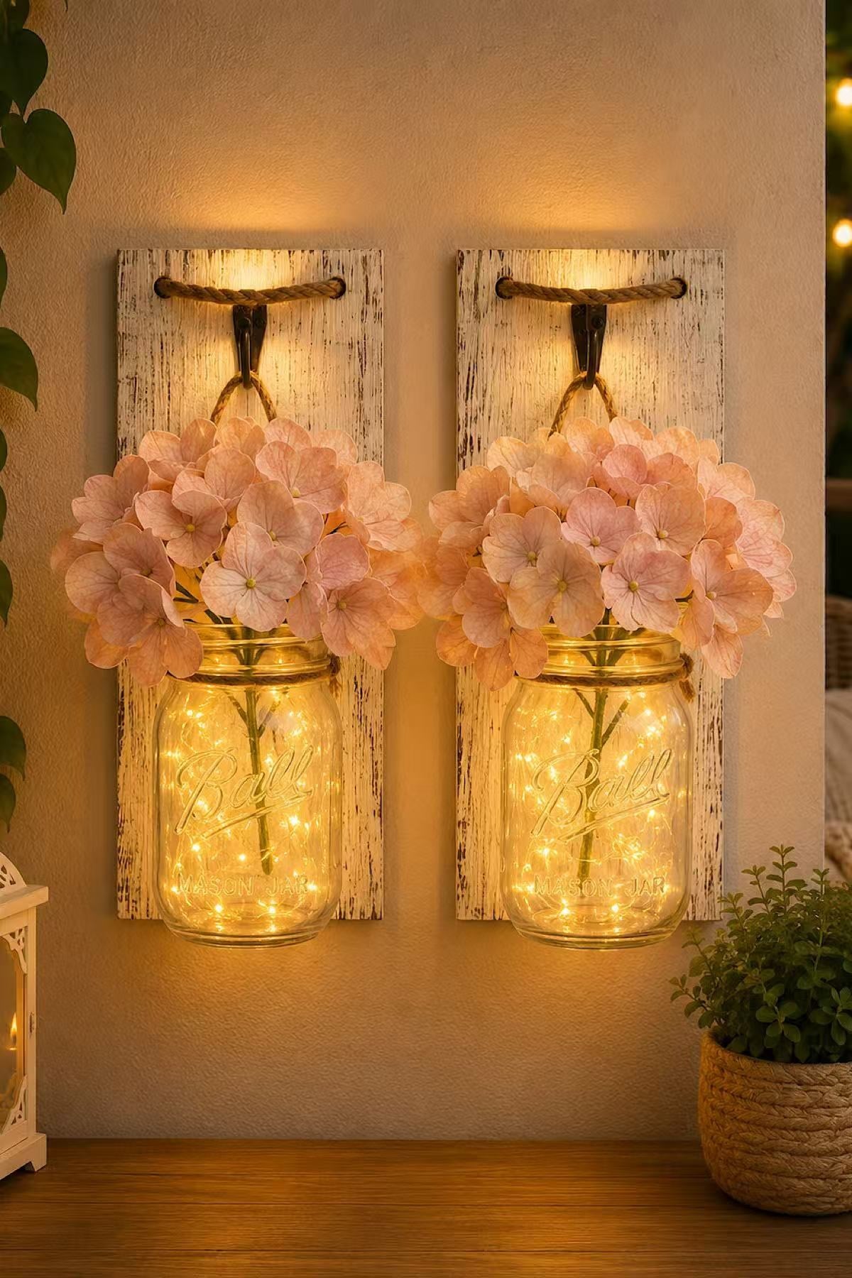 Led Işıklı Beyaz Ahşap Aplik Somon Ortanca Çiçekli 2´li Set