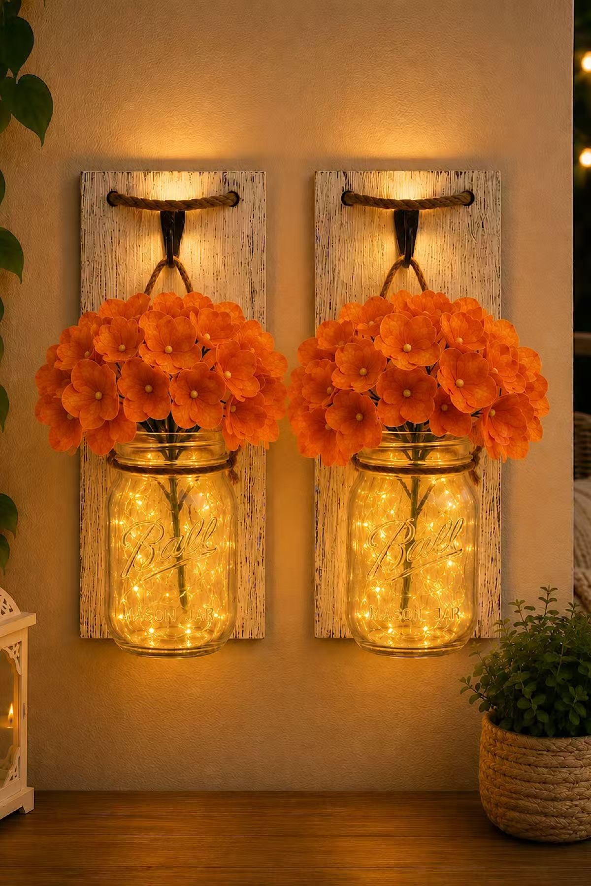 Led Işıklı Beyaz Ahşap Aplik Turuncu Ortanca Çiçekli 2´li Set