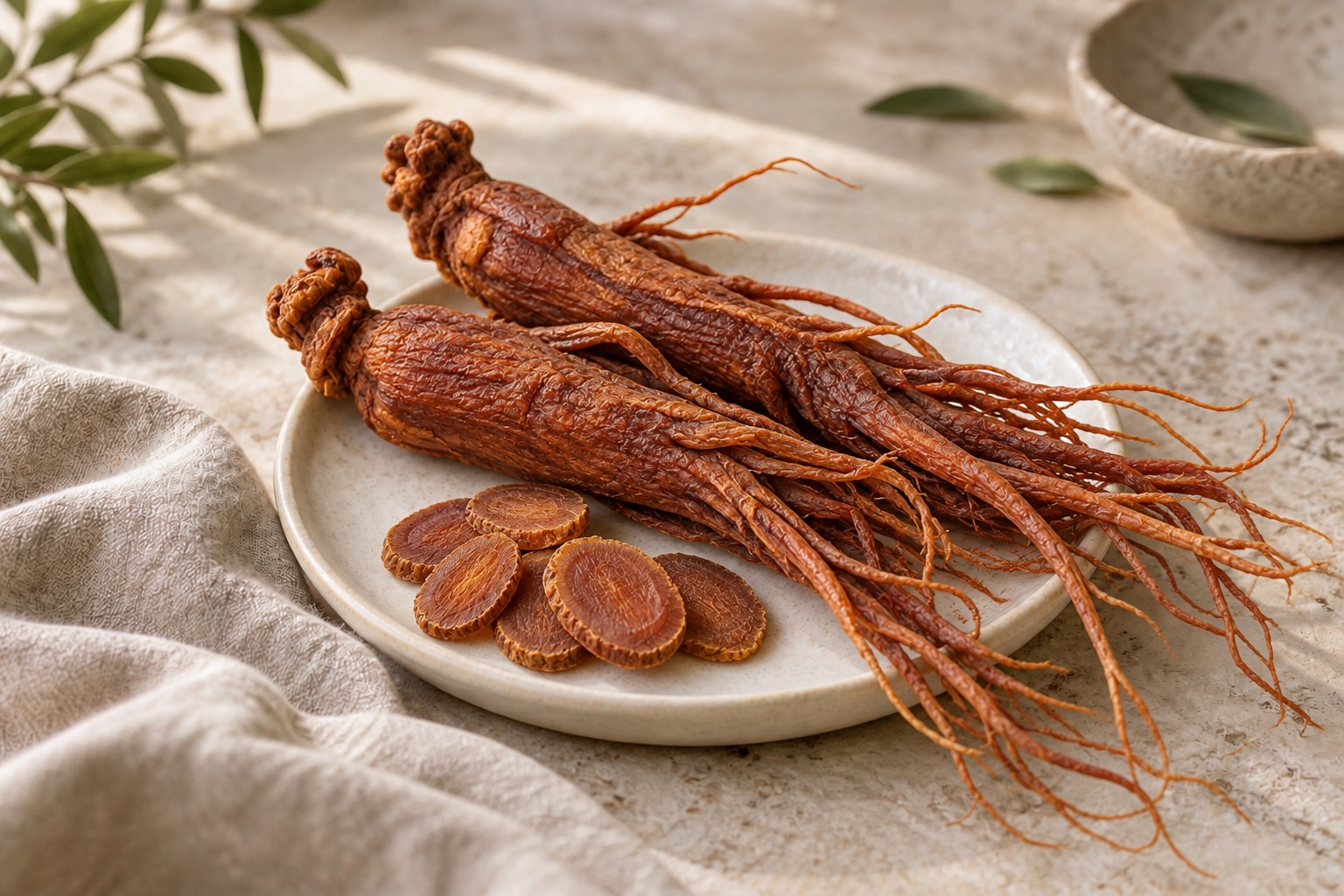 Seramik tabakta kırmızı ginseng kökleri ve dilimleri