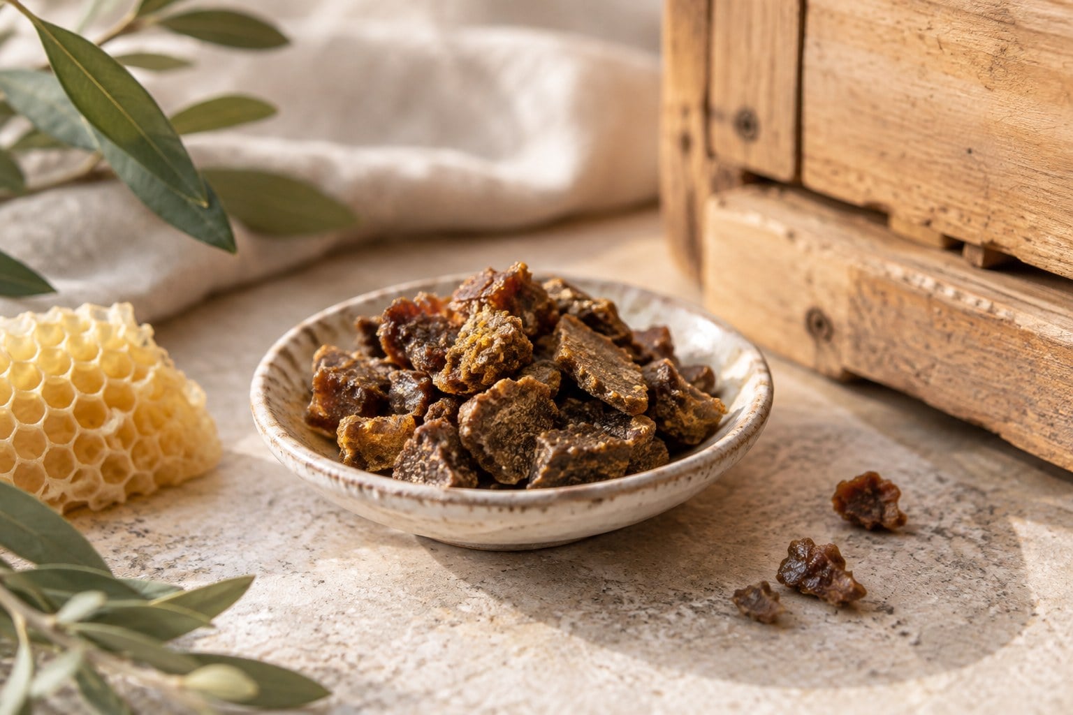 Krem seramik tabakta kahverengi ham propolis parçaları