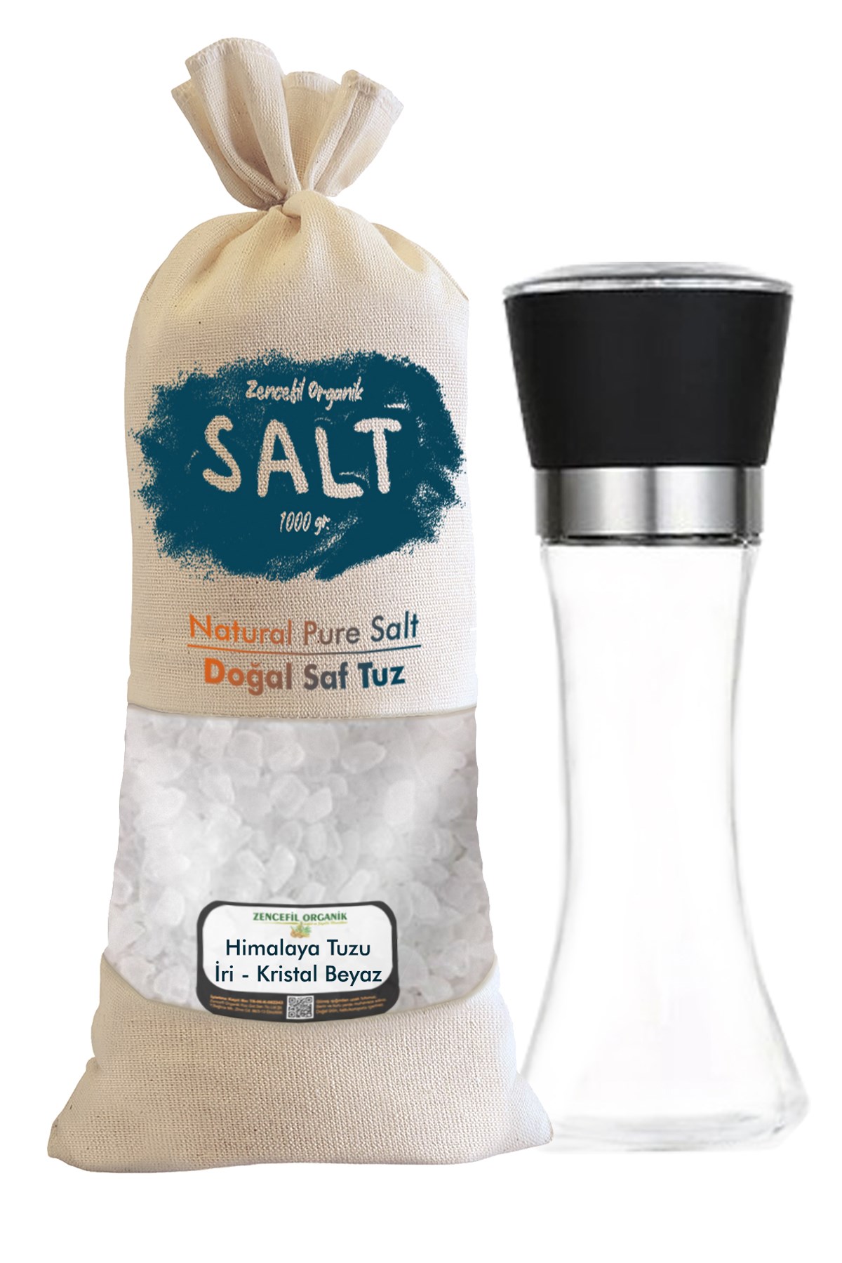 1 Kg. İri Himalaya Tuzu Bez Torba Beyaz Renk + Tuz Değirmeni