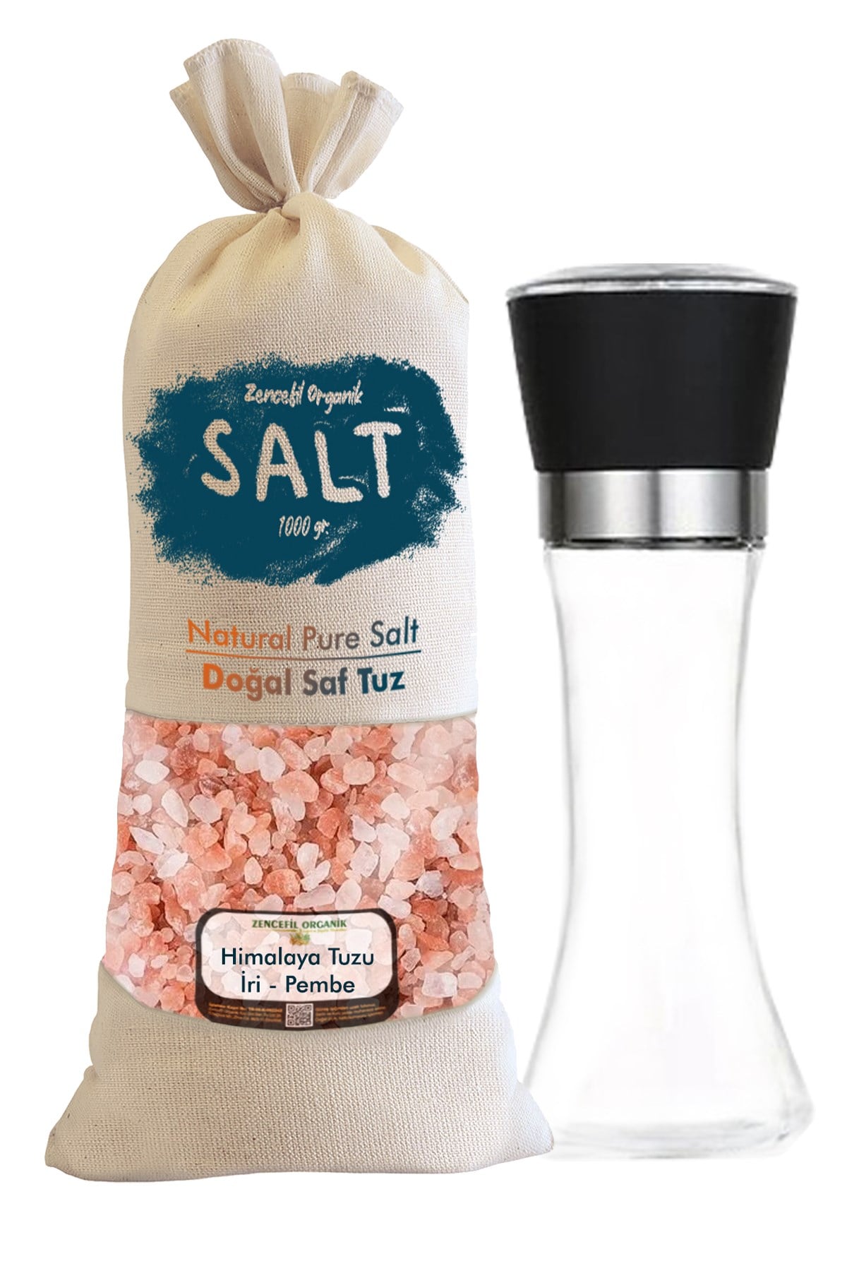 1 Kg. İri Himalaya Tuzu Bez Torba Koyu Pembe + Tuz Değirmeni