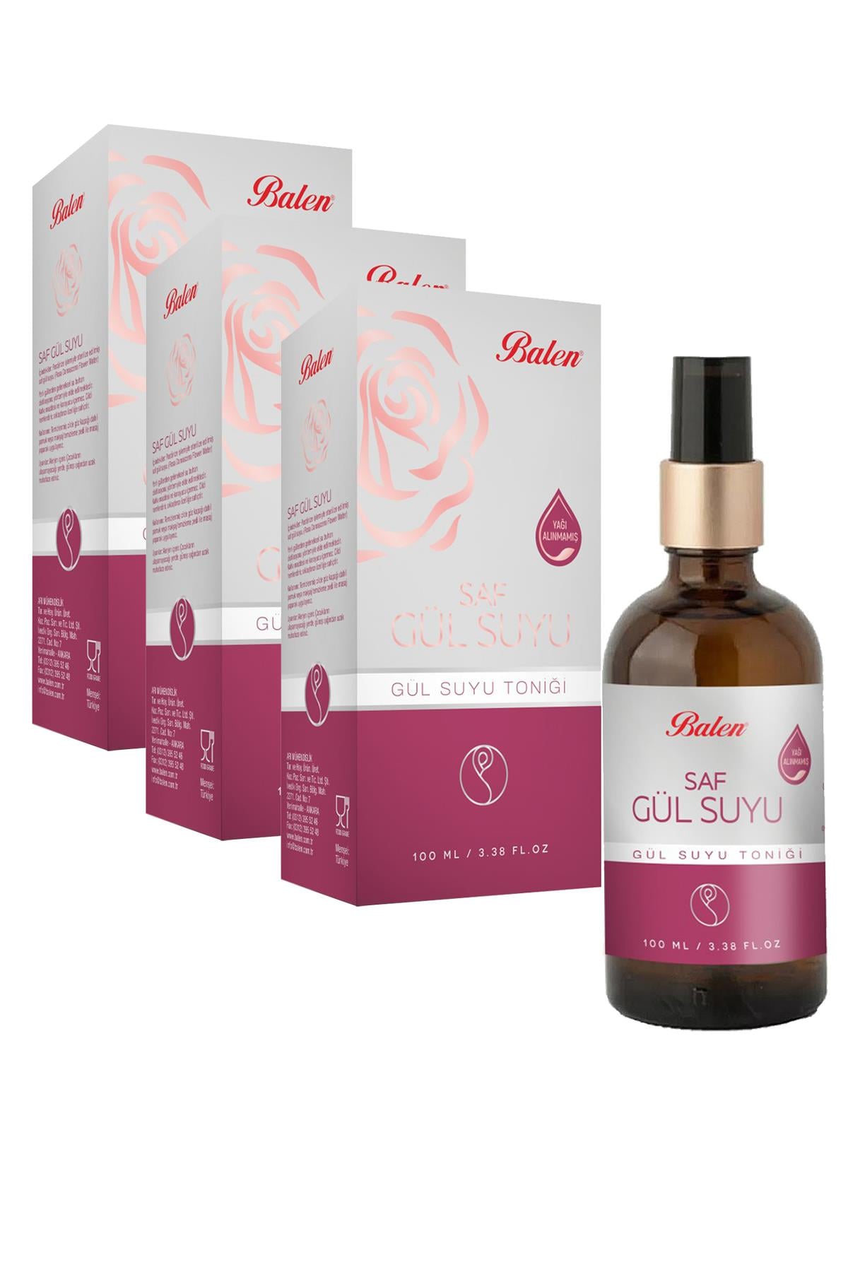 3 Kutu Balen Gül Suyu 100 ml. Saf Gül Suyu Pure Rose Water Gül Suyu Tonik Sprey Uçlu