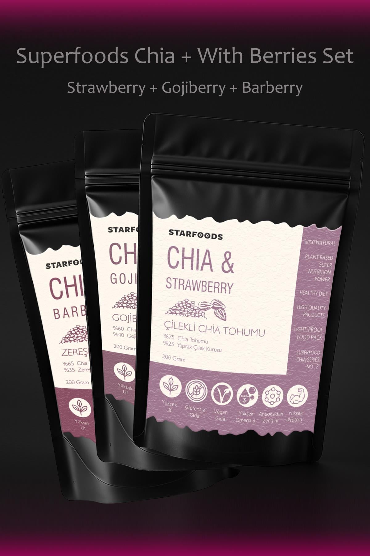 Chia Tohumu 3'lü Set Superfoods Çilekli Chia Tohumu + Gojiberry Chia + Zereşk Chia Chia Seeds Set