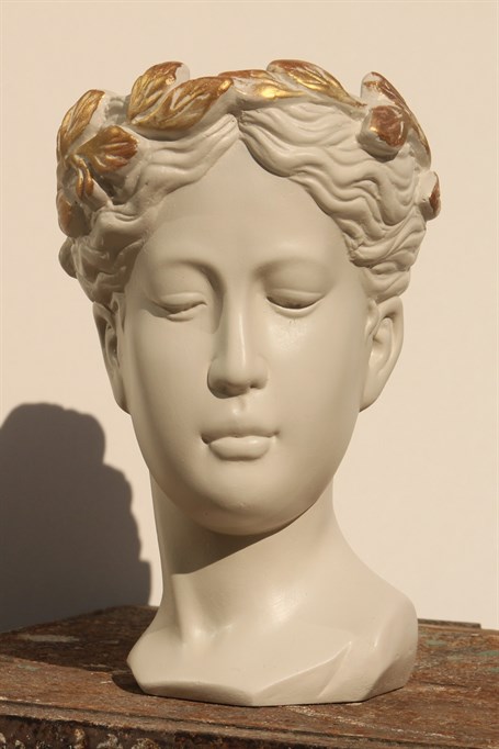 Antik Helen Kafası Beton El Yapımı Büst Saksı Ekru boyalı (tacı altın)