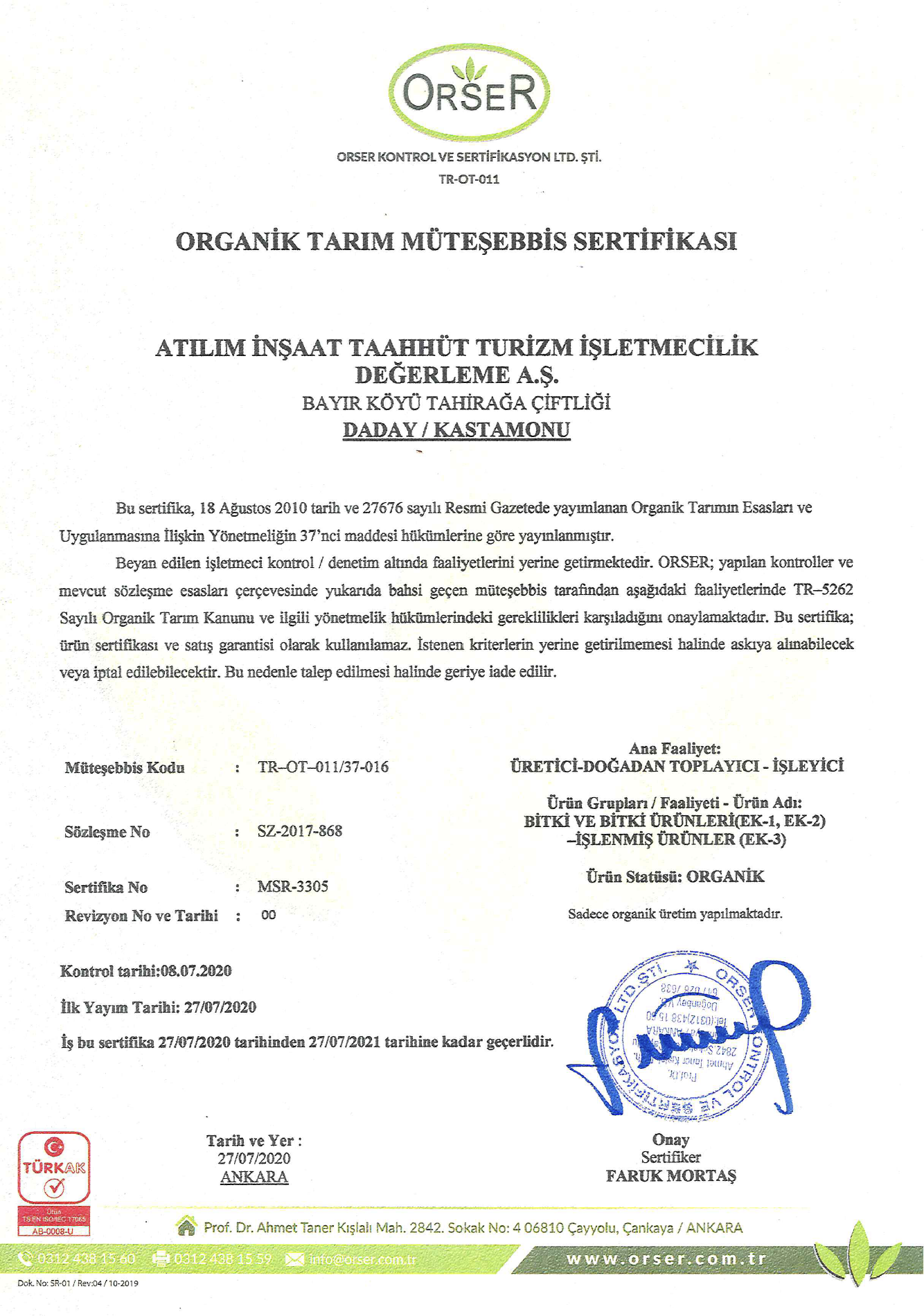 Orser Organik Tarım Müteşebbis Sertifikası - İksirli Çiftlik