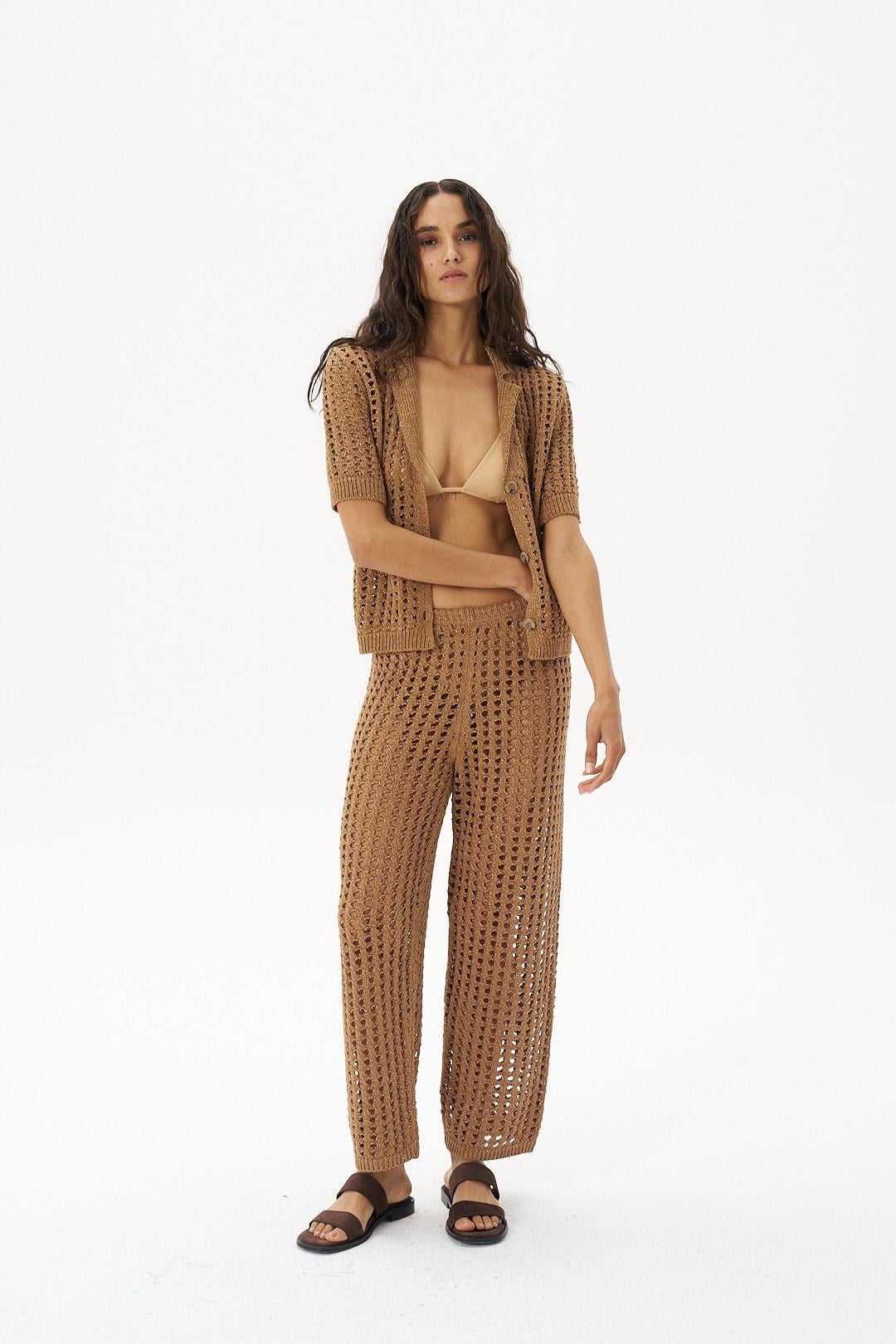 Bej Delik Ajurlu Crop Pantolon