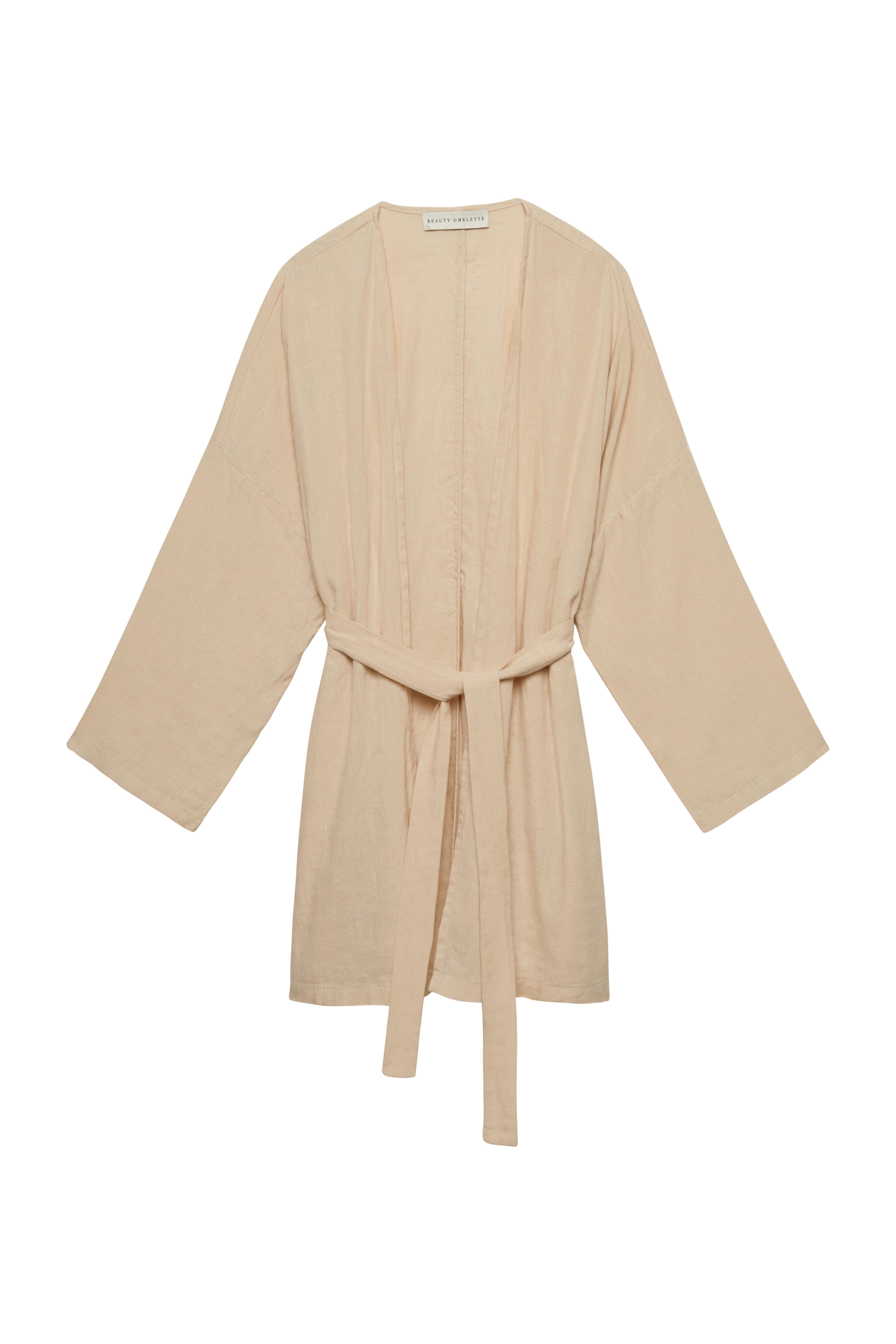 Bej Keten Kuşaklı Kimono