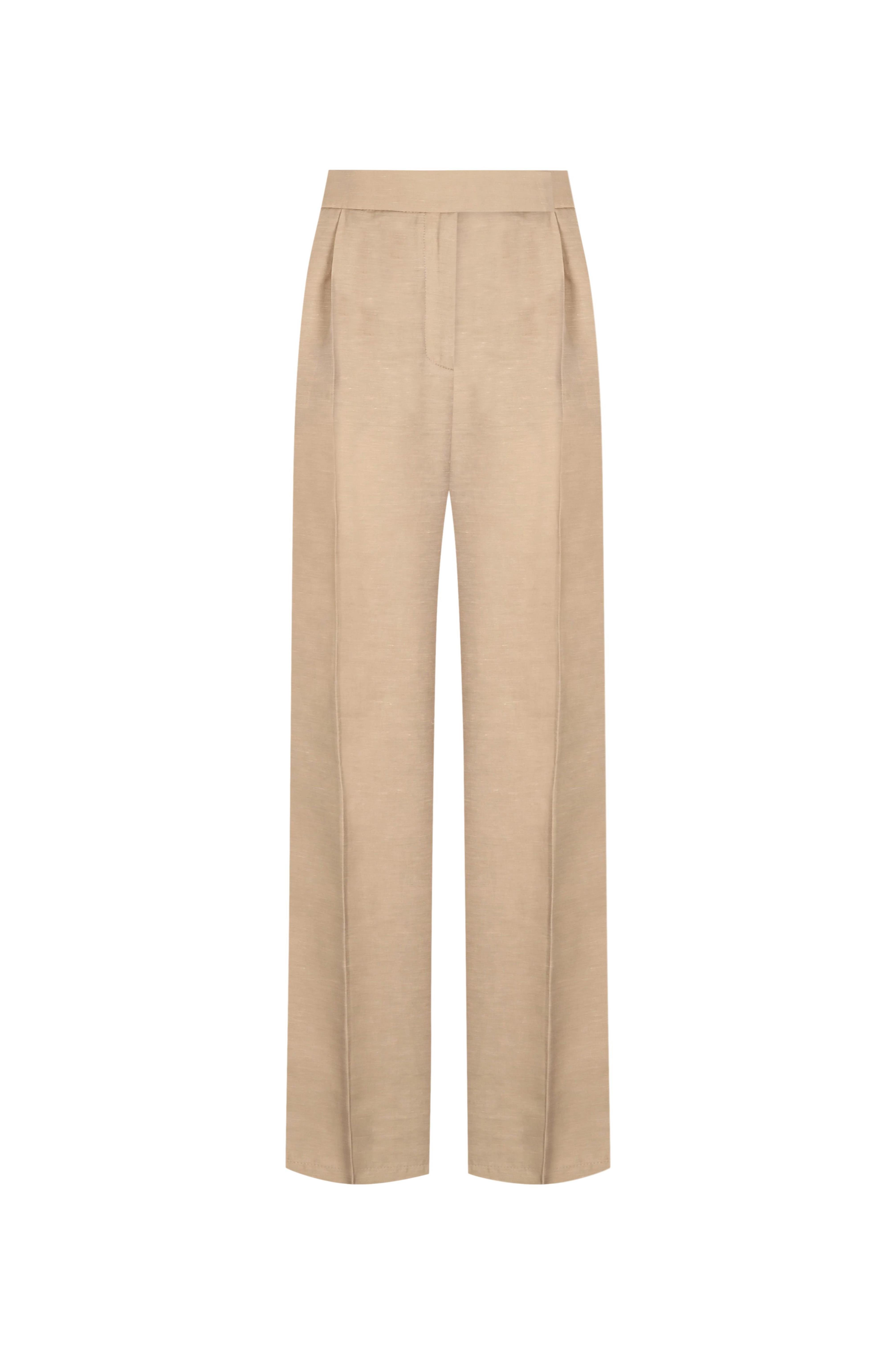 Bej Keten Straight Fit Pantolon